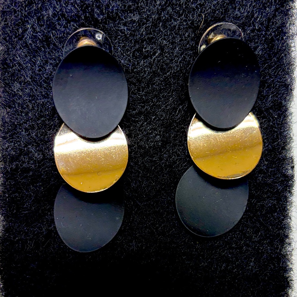 Gold and Matte Black stacked disc drop stud earrings